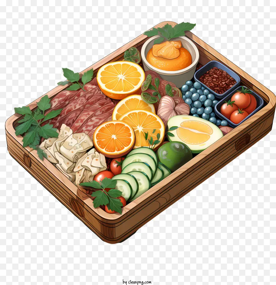 Bento -Box -Box -Zutaten Orangen -Äpfel - Verschiedene Früchte, Käse, Nüsse und Cracker in der Holzkiste