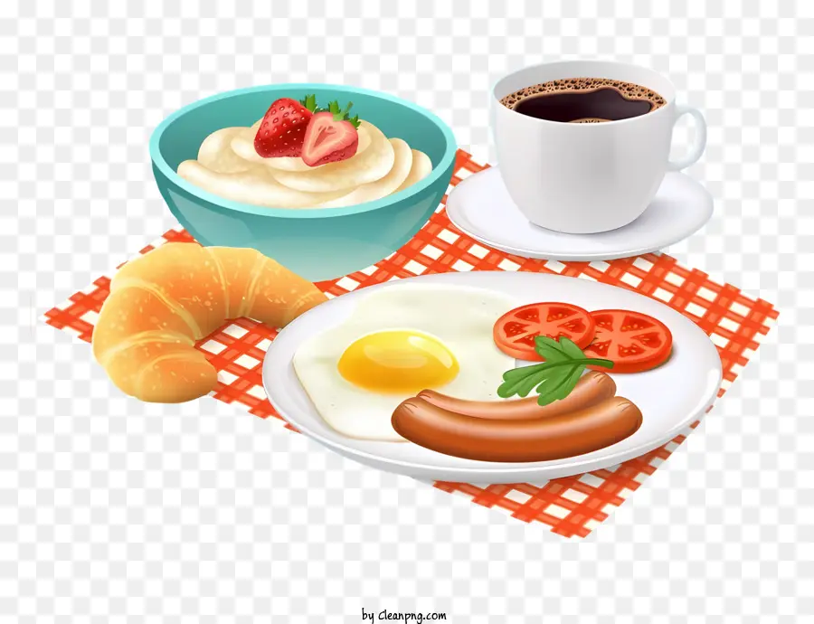 Kaffee - Frühstückstisch mit Eiern, Kaffee, Croissant, Orange