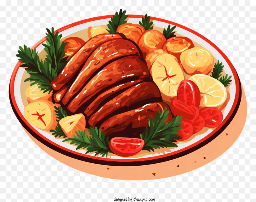 Piatto di natalizio di verdure arrostite patate carote - Carne arrosto succosa con verdure tenera e aglio aromatico