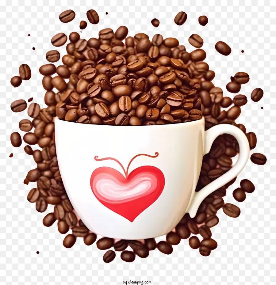 Kaffeebohnen - Bild: Rotes Herz aus Kaffeebohnen, die in weißer Tasse überfließen