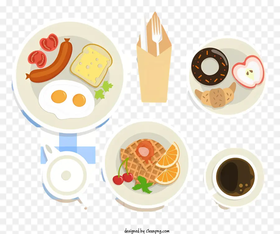 Kaffee - Frühstückstisch mit Eiern, Toast und Obst