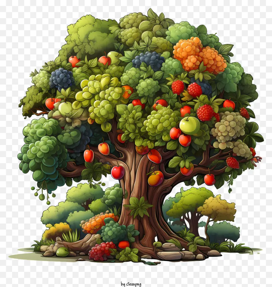 cây - Minh họa về cây với nhiều loại trái cây và màu sắc khác nhau