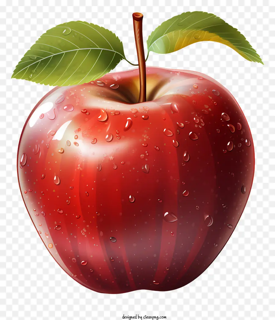 Wassertropfen - Red Apfel mit Wasserabfall, rund, glänzend, gebissen, Blatt, schwarzer Hintergrund