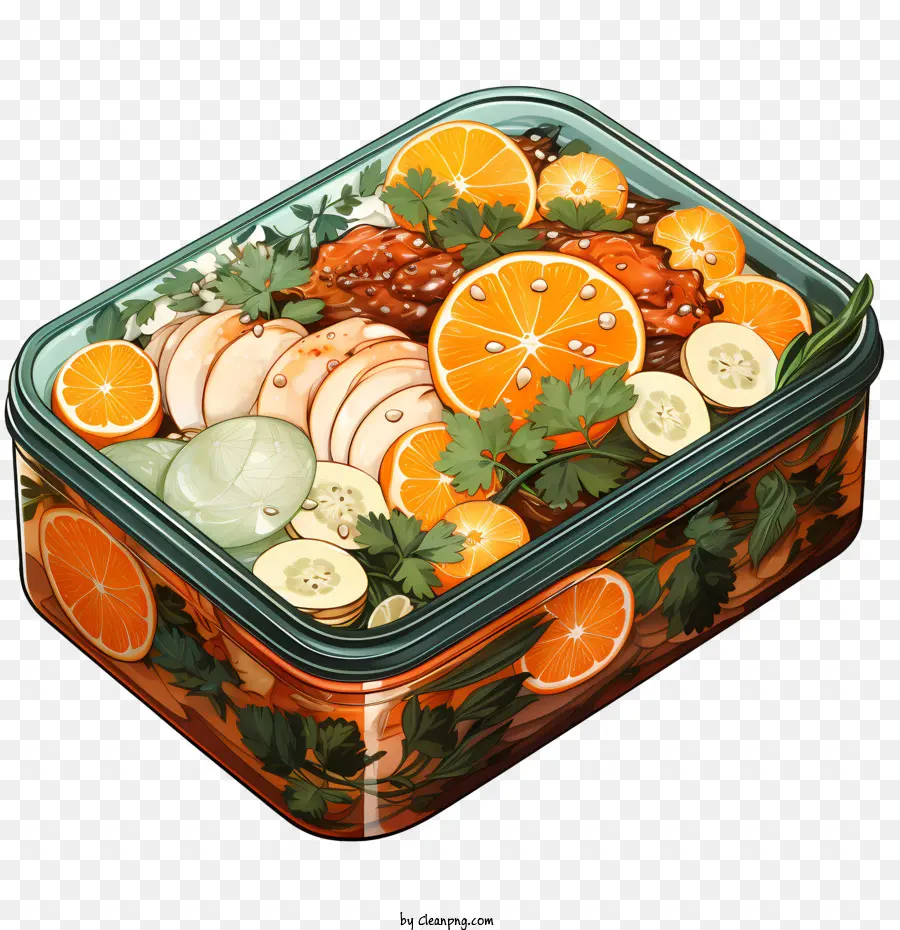 Bento Box Obst Gemüse Tablett Orangen - Verschiedenes Obst und Gemüse, das auf Tablett angeordnet ist