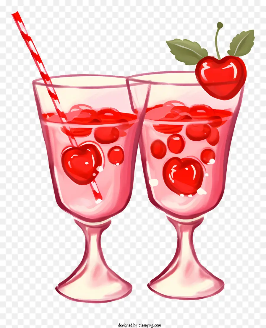 Handgezogener Valentinstag Cocktail Kirschgetränk Rot gefärbte Brille Schaumige Getränkekirschgeschmack - Buntes Getränk mit Kirschgeschmack mit Kirschdekorationen