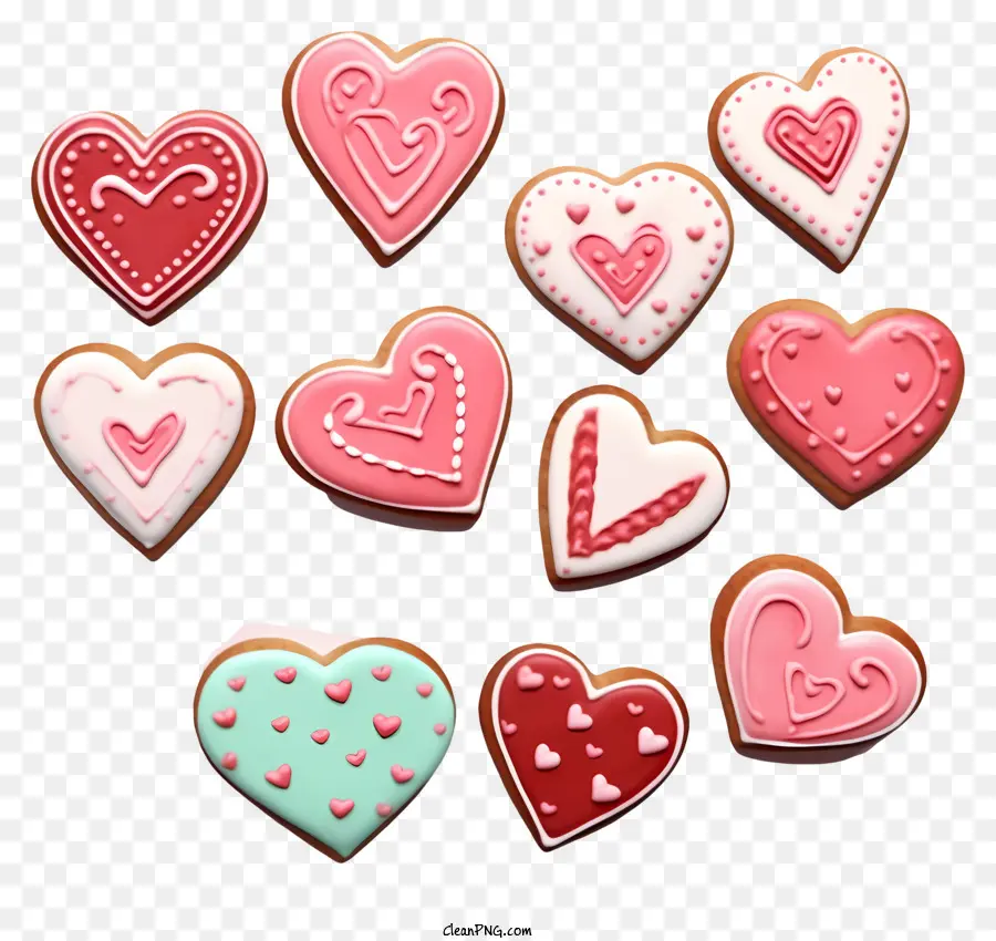 Streusel - Herzförmige Kekse mit verschiedenen Designs und Dekorationen
