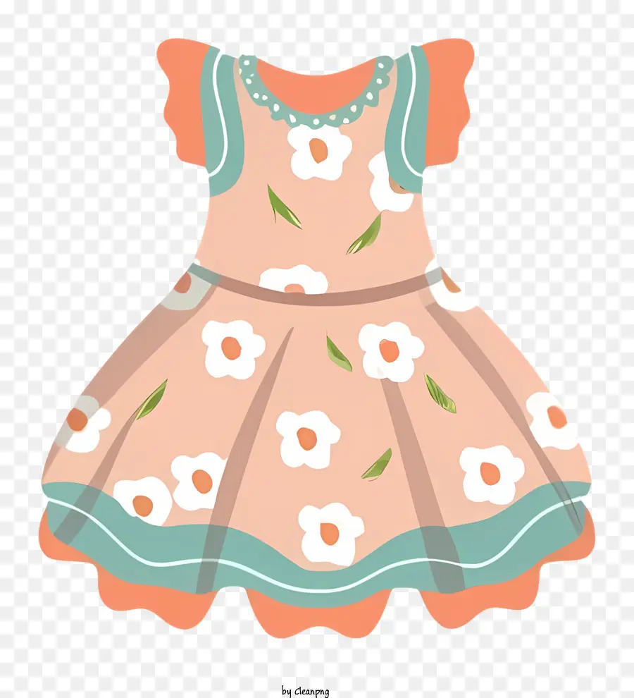 cartoon floral print dress girl's dress pale pink dress green and blue belt