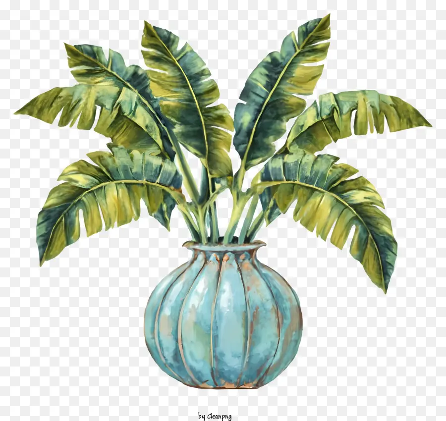 Cartoon Aquarellmalerei Grüne Pflanzenvase Blätter - Grüne Pflanzenvase in Aquarell auf schwarzem Hintergrund