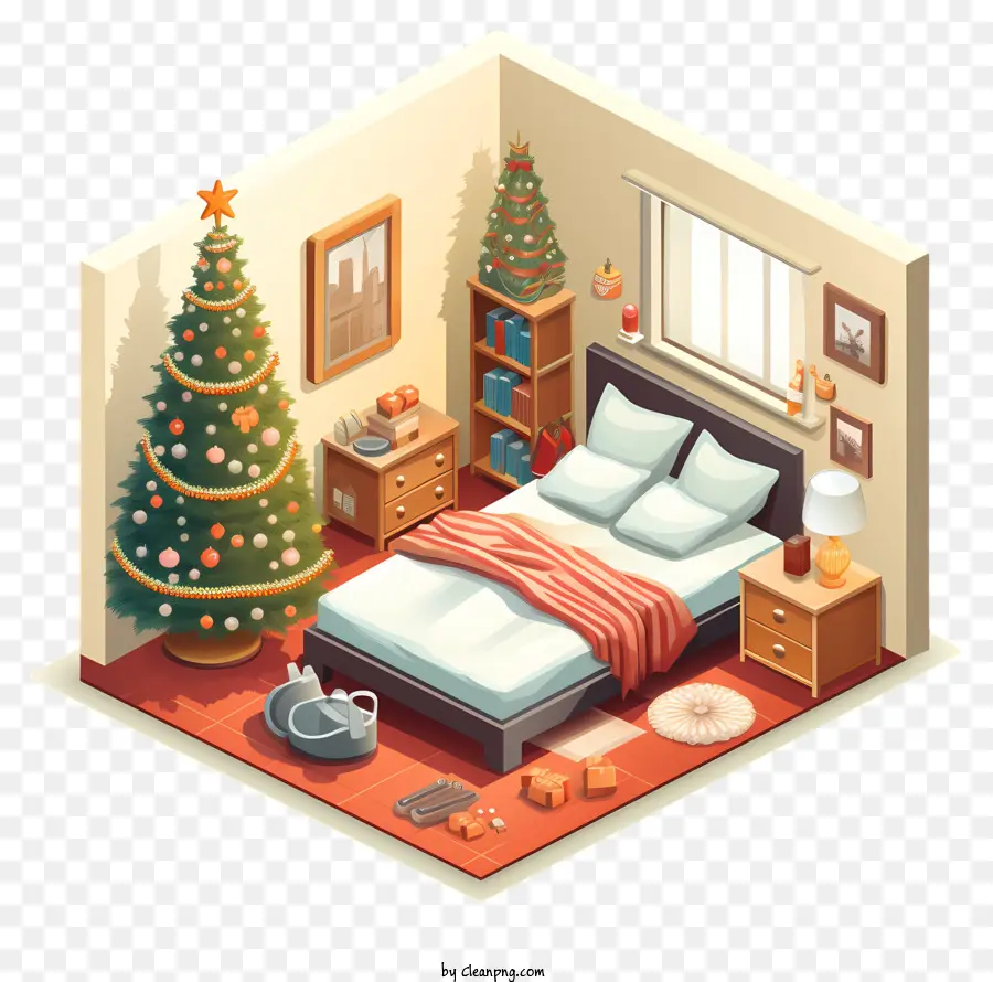 Weihnachtsbaum - Unordentliches Schlafzimmer mit Weihnachtsbaum und Spielzeug