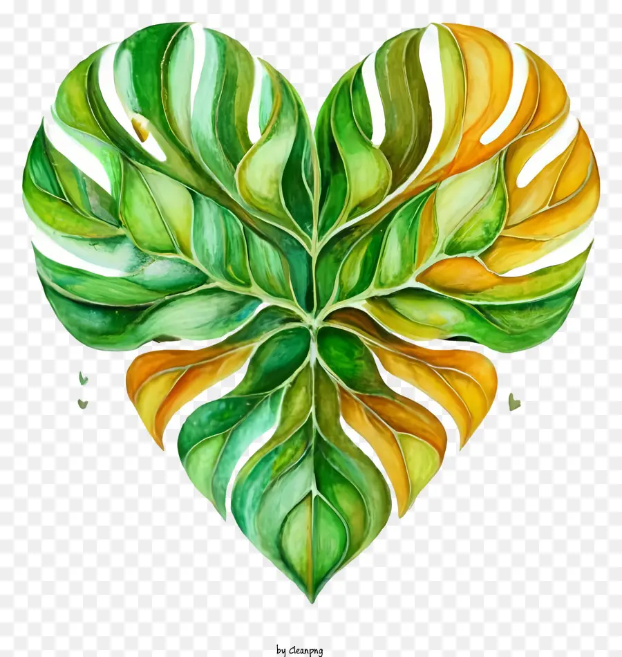 Cartoon herzförmige Blätter grün und gelbe Blätter Blattherzen Bild rosa und roter Zentrum - Herzform aus grünen und gelben Blättern, die rosa und rotes Zentrum umgeben