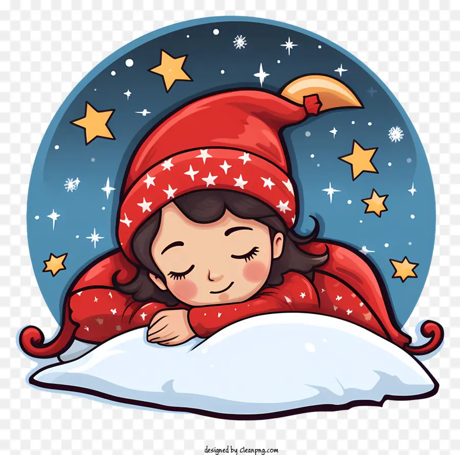 kleines Mädchen - Junges Mädchen schläft auf einem schneebedeckten Kissen, glückliches Lächeln