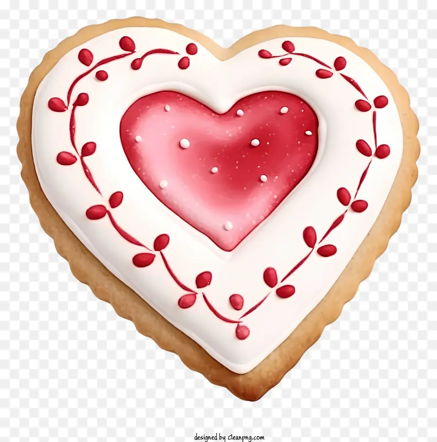 Realistische 3D-Valentiner-Kekse herzförmige Kekse Rot-Weiß-Zuckerguss dekorierter Kekse rote Beeren - Herzförmiger Keks mit rot-weißem Zuckerguss