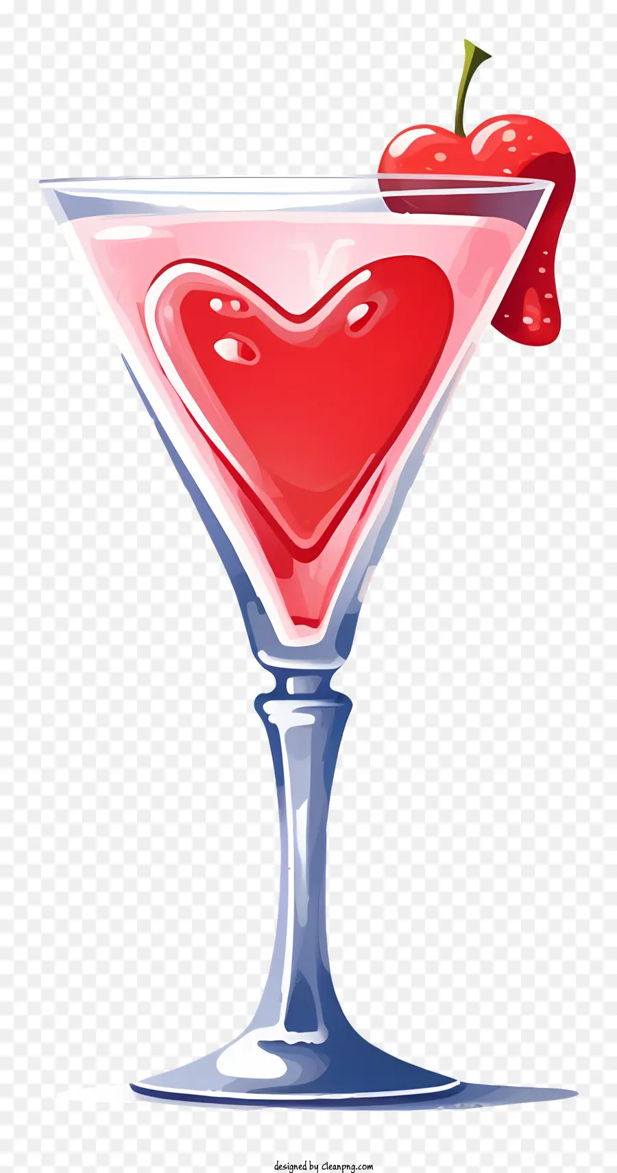 Realistischer Valentinstag Cocktail Red Heart Cherry Martini Glass Glasstiel Schwarzer Hintergrund - Herzförmige Kirsche in Glas auf schwarzem Hintergrund