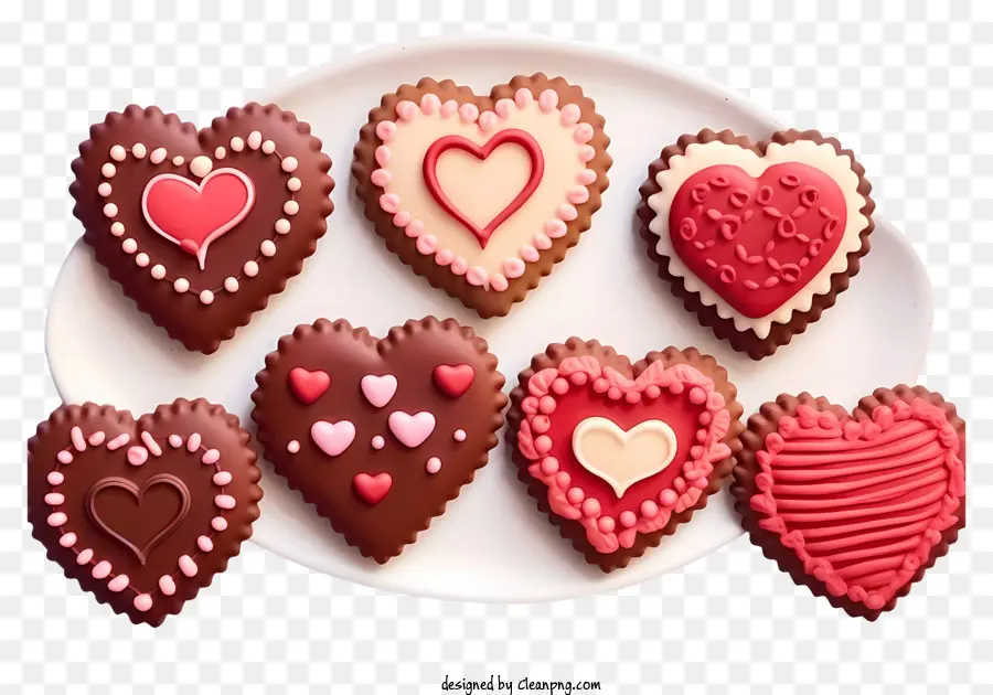 Realistische Valentiner -Kekse weiße Platte rotes Zuckerguss weißer Zuckerguss - Herzförmige Kekse mit rosa und rotem Zuckerguss