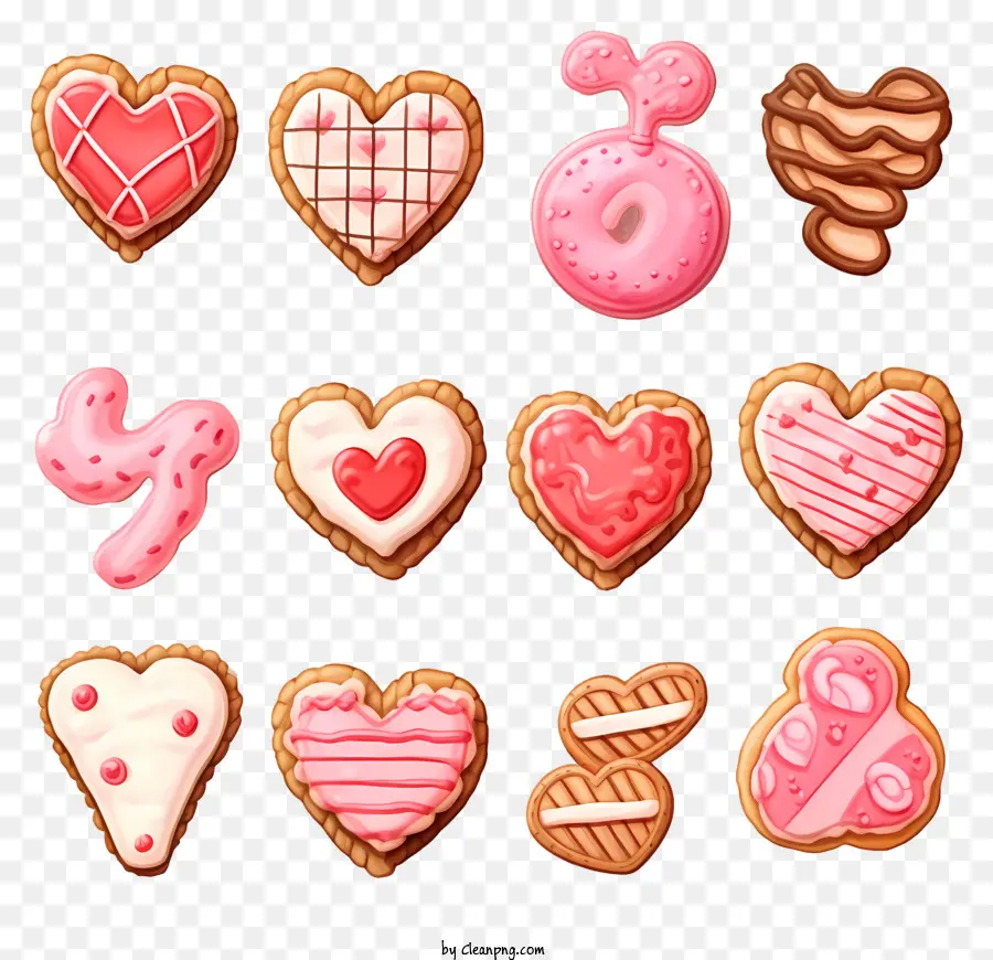 Valentiner-Kekse im isometrischen Stil herzförmigen Kekse rosafarbene Schokoladenchips - Herzförmige Kekse mit rosa Zuckerguss und Schokoladenchips