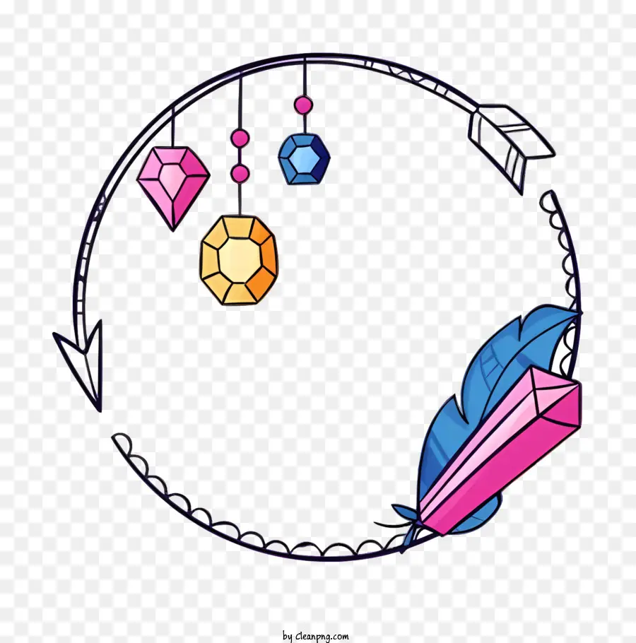 freccia - Cerchio colorato con gemme, piume e immagine di farfalla