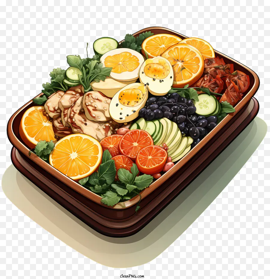 bento box fruits vegetables meat oranges