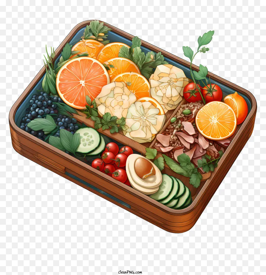 vassoio in legno di bento scatola e verdure arance cetrioli - Vassoio di legno pieno di frutta, verdura, salse e piatti