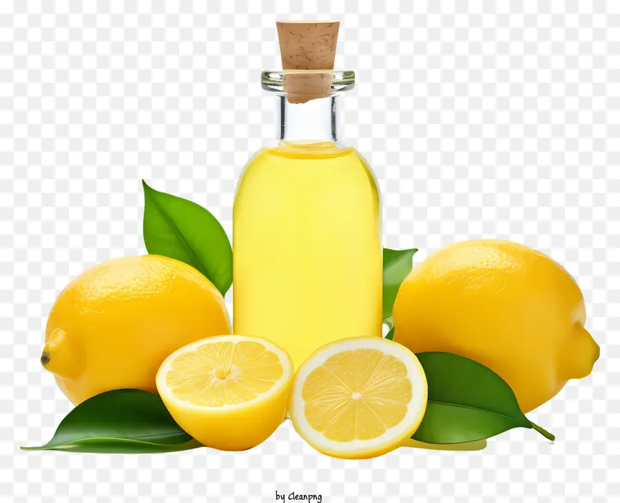 succo di limone - Bottiglia di vetro piena di succo di limone, limoni su nero