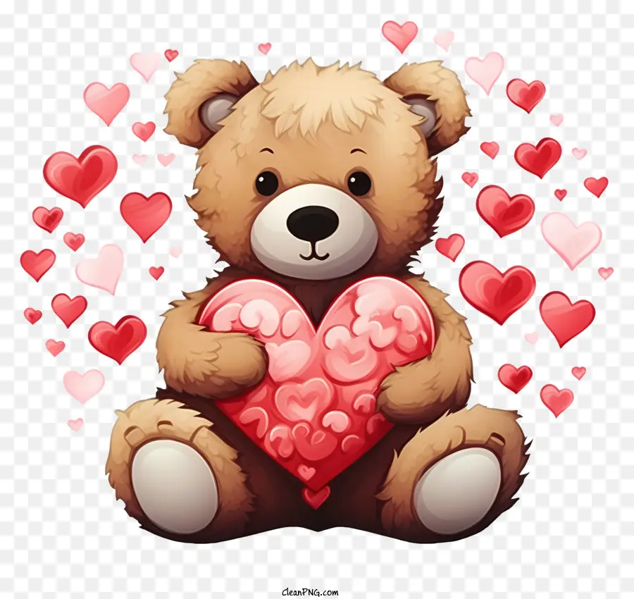 Teddybär - Brauner Teddybär hält rotes Herz von schwimmenden Herzen auf schwarzem Hintergrund umgeben
