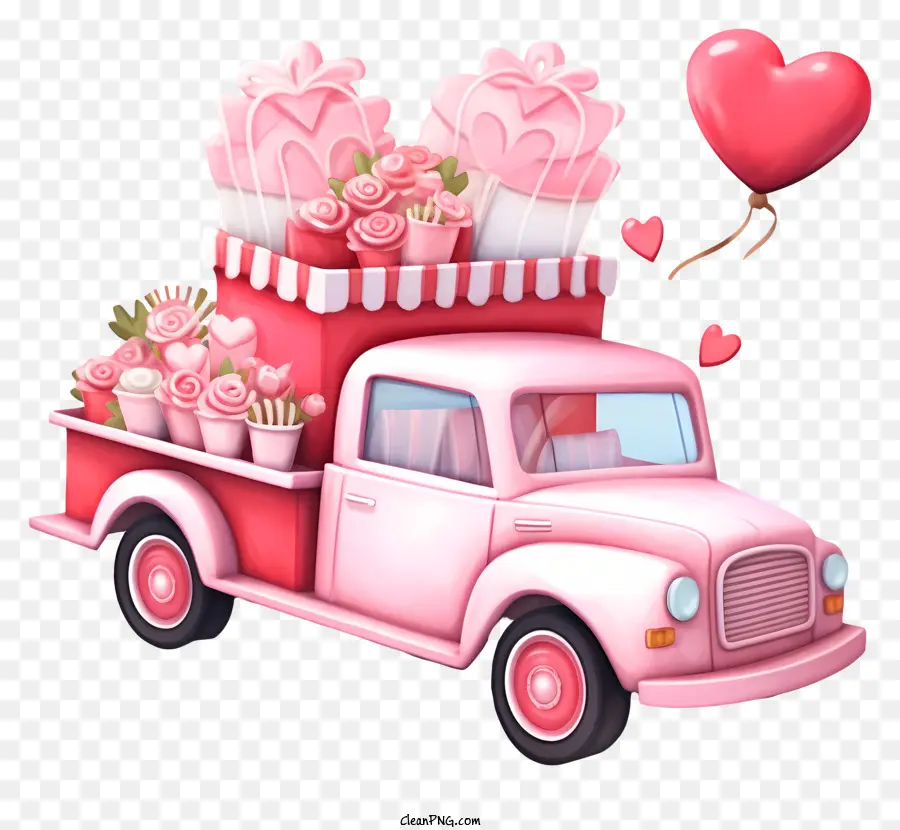 Herz Ballon - Pink Truck mit Herzen, Cupcakes, Luftballons geladen. 
Valentinstag -Grafik