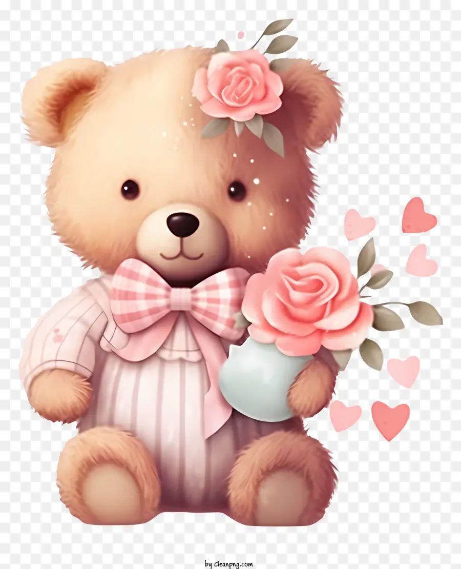 hoa hồng - Gấu dễ thương cầm hoa với biểu cảm ngây thơ