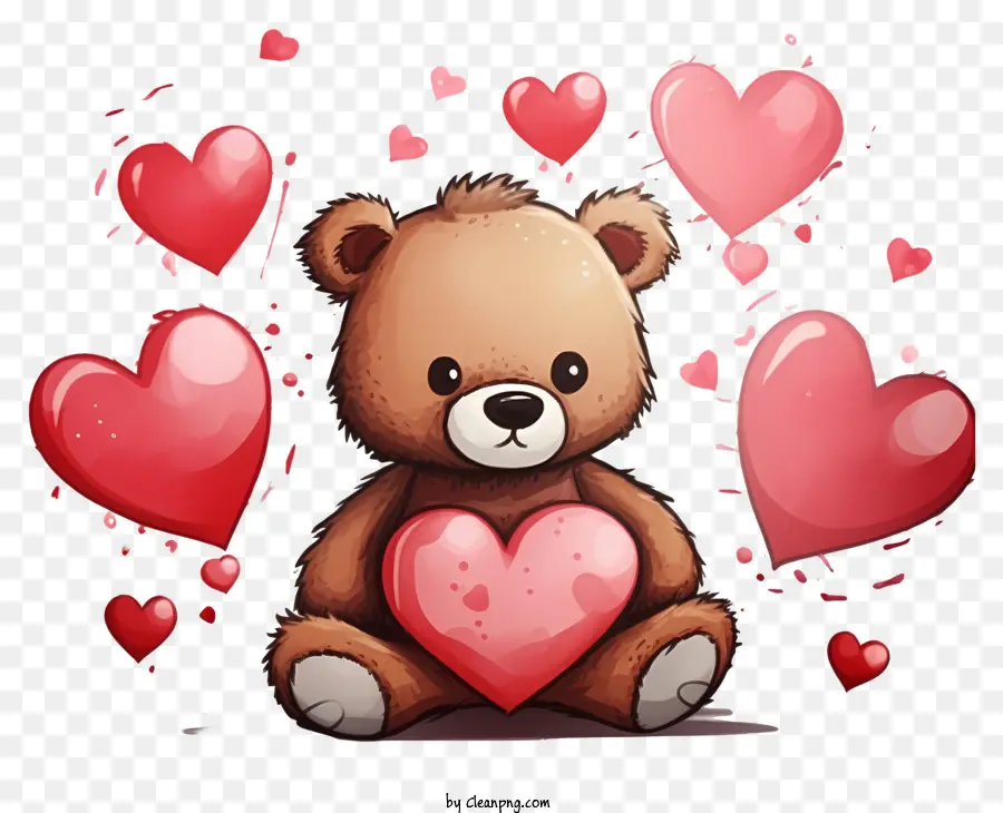 Teddybär - Netter, kuscheliger Teddybär, umgeben von rosa Herzen umgeben