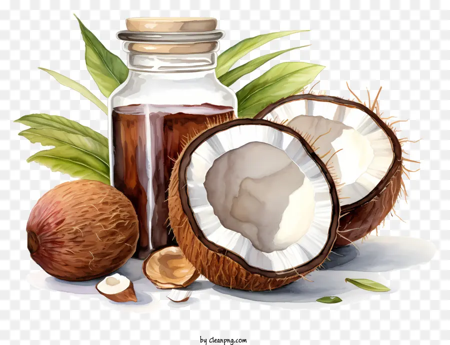 Kokosnuss Walnussöl Kokosnussöl Glasflasche Transparent Flüssiges glänzendes Finish - Glasflasche Kokosnussöl auf schwarzem Hintergrund mit transparenten Flüssigkeit, kleinen Blasen, glänzendem Finish; 
Kokosnüsse und Blätter