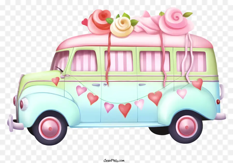 Pastell Valentine Fahrzeug Vintage Fahrzeug rosa und blaue Autoherzen und Blumen Dekoration offene Fenster - Vintage -Stil rosa und blaues Fahrzeug mit Dekorationen