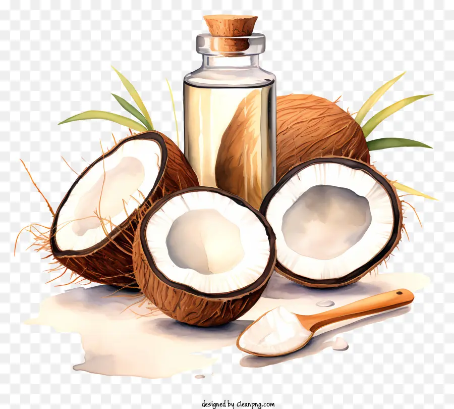 Kokos - Kokosölflasche mit Kokosnussscheiben