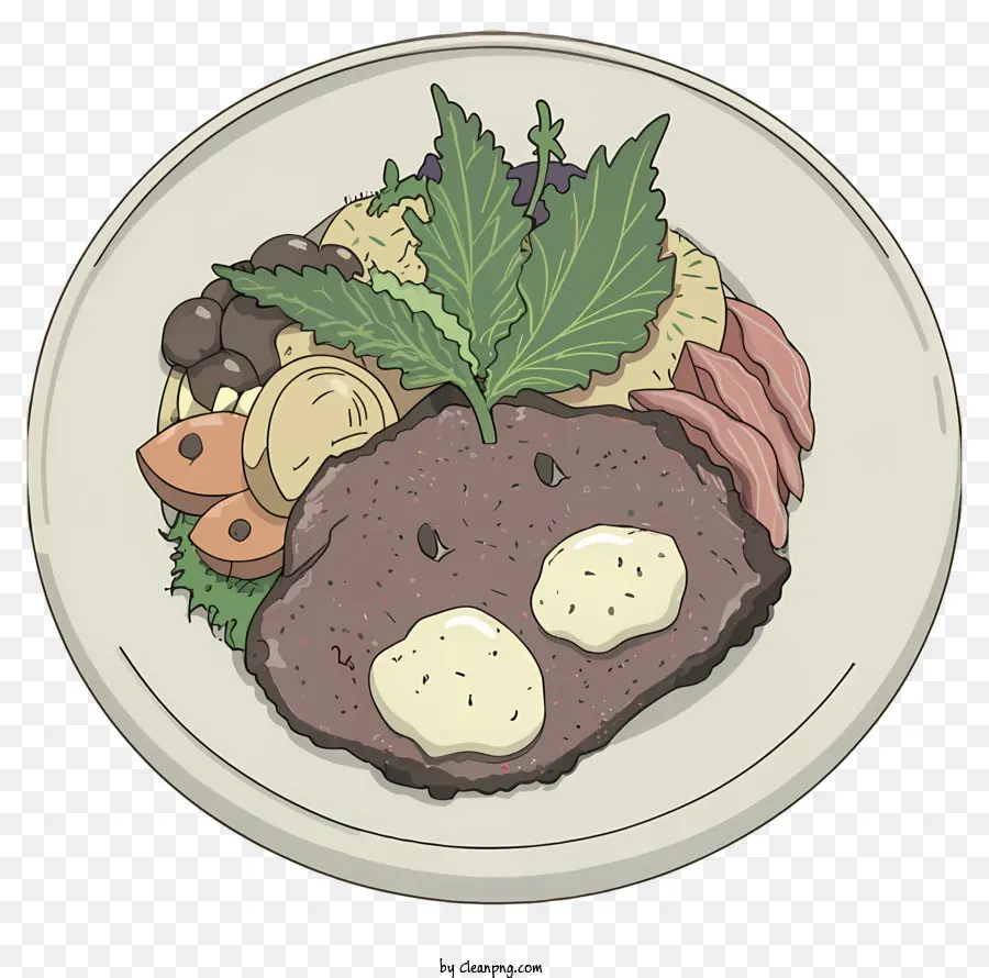 cartoon white plate vegetables piece of meat mushrooms
