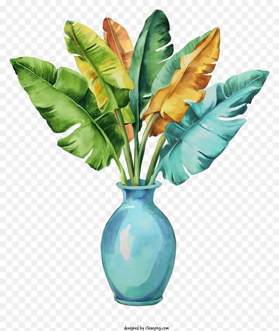 Blumenvase - Blaue Vase mit grünen und gelben Blättern