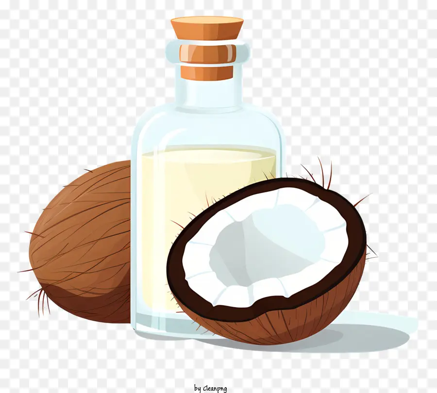 Kokosnuss Walnussöl Kokosnussölglasflasche Deckel aus geschnittenem Kokosnuss - Kokosölflasche und geschnittene Kokosnüsse