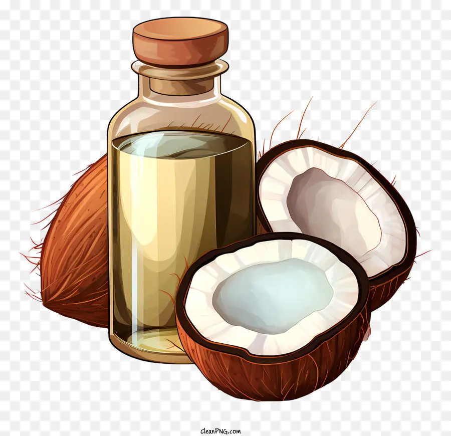 Cocco - Bottiglia di olio di cocco, coperchio aperto, due cocco