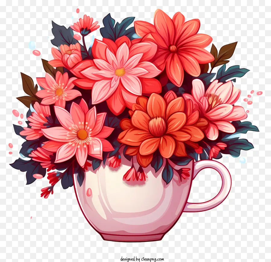 Fiori di caffè dipinto di vaso rosa Pink Flowers Bouquet - Pittura realistica di fiori rosa in vaso