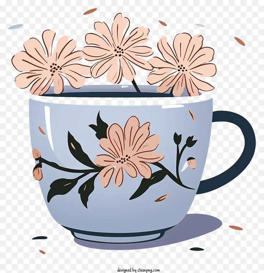 Kaffeeblumen Tasse Blumen rosa blau Keramik - Stillleben Bild der blauen Tasse mit rosa Blumen