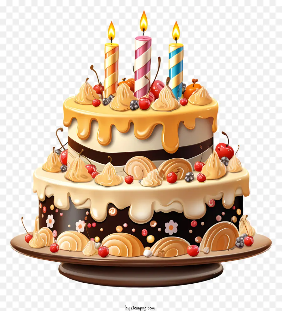 Geburtstagskuchen - Farbenfrohe Geburtstagstorte mit Kerzen auf der schwarzen Oberfläche