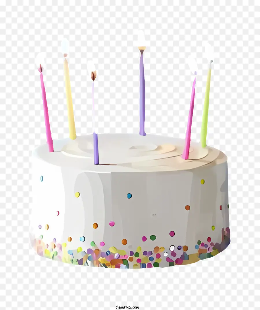 Geburtstagskuchen - Farbenfrohe Kerzen, die auf weißem gefrorenem Kuchen beleuchtet sind
