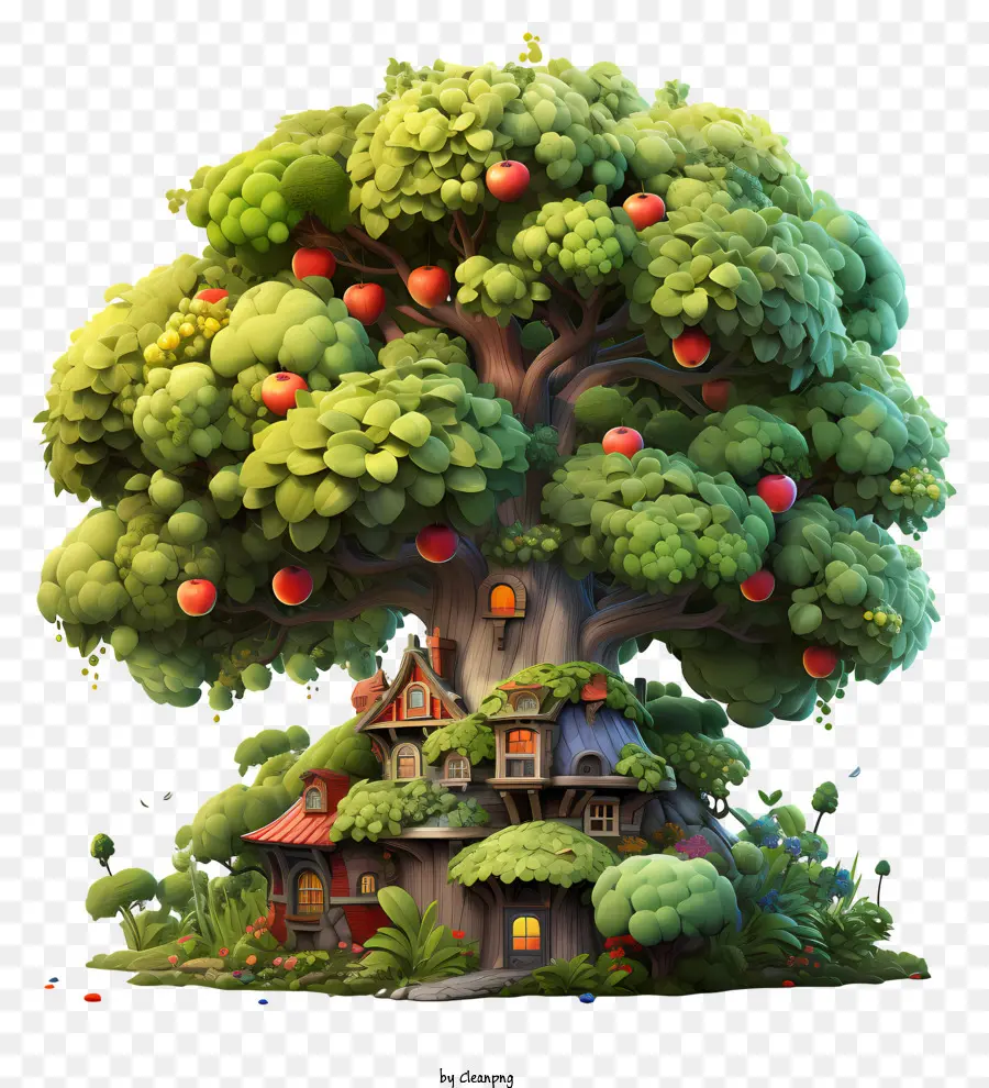 obstbaum - Großer Baum mit Haus, Früchten, Gras, Blumen