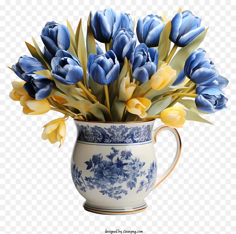 Kaffeeblüten Vase -Bouquetblüten gelbe Tulpen - Blaue und gelbe Vase mit gemischten Blüten