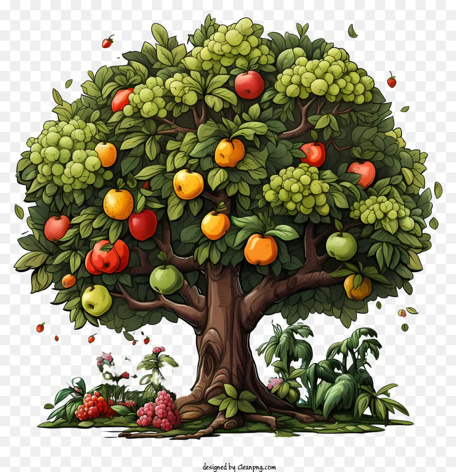 obstbaum - Üppiger Baum mit vielen Früchten, umgeben von Büschen
