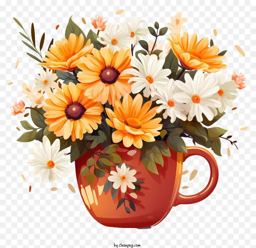 Fiori di caffè Rossa tazza rossa giallo e bianco margherite foglie stelo - Coppa rossa piena di margherite gialle e bianche organizzate