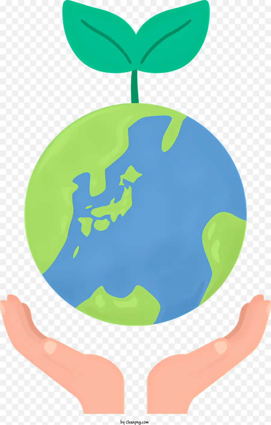 grünes Blatt - Hand hält die Pflanze auf Blue Planet; 
schwarzer Hintergrund