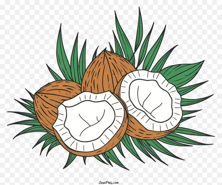 Coconut da cartone animato Coconut maturi cocco cocco cocco a fette - Tre cocco mature su foglie, bianco e nero