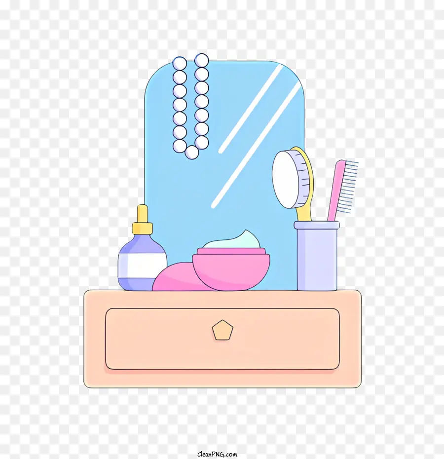 BUBBLE GUM White Dresser con trucco a specchio Pennello polacco rosa - Comò bianco con specchio, oggetti per il trucco, orecchini, lucidatura e spazzola per capelli
