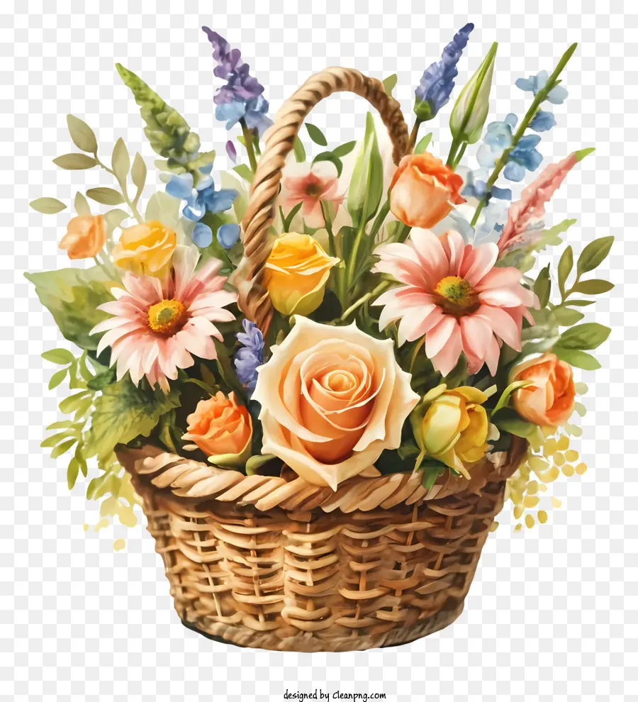 Blumen Blumenstrauß - Bild: Blütengefüllter Korb auf dem Tisch ruhen