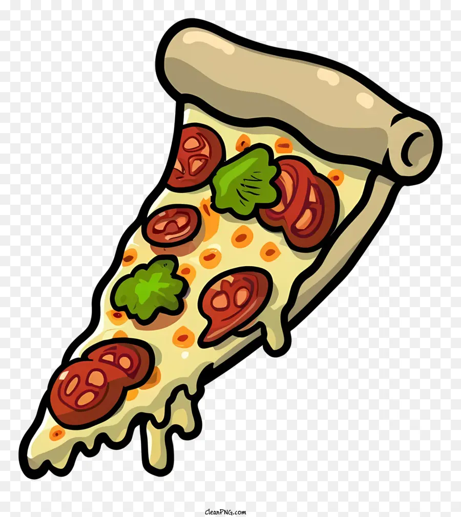 Cartoon -Pizzascheibe Pizza -Tomaten -Pilze - Bild von Pizza mit Tomaten, Pilzen, Käse. 
Nicht vollständig gekocht, Käse nicht in braun und weißer Farbschema geschmolzen