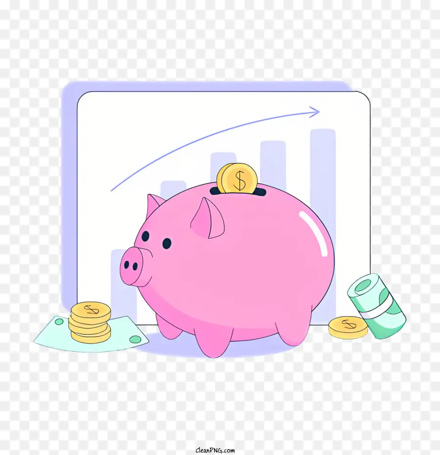 Salvadanaio - Piggy Bank rosa su monete con grafico in aumento