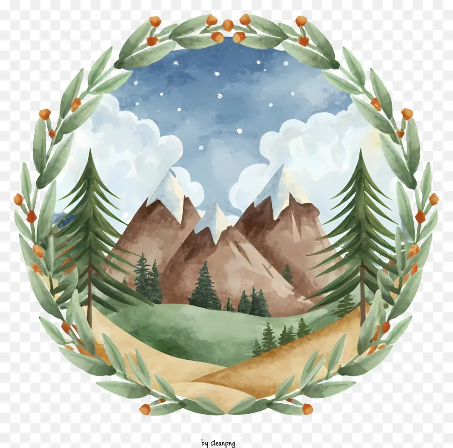 vòng khung - Bức tranh phong cảnh núi với khung vòng hoa