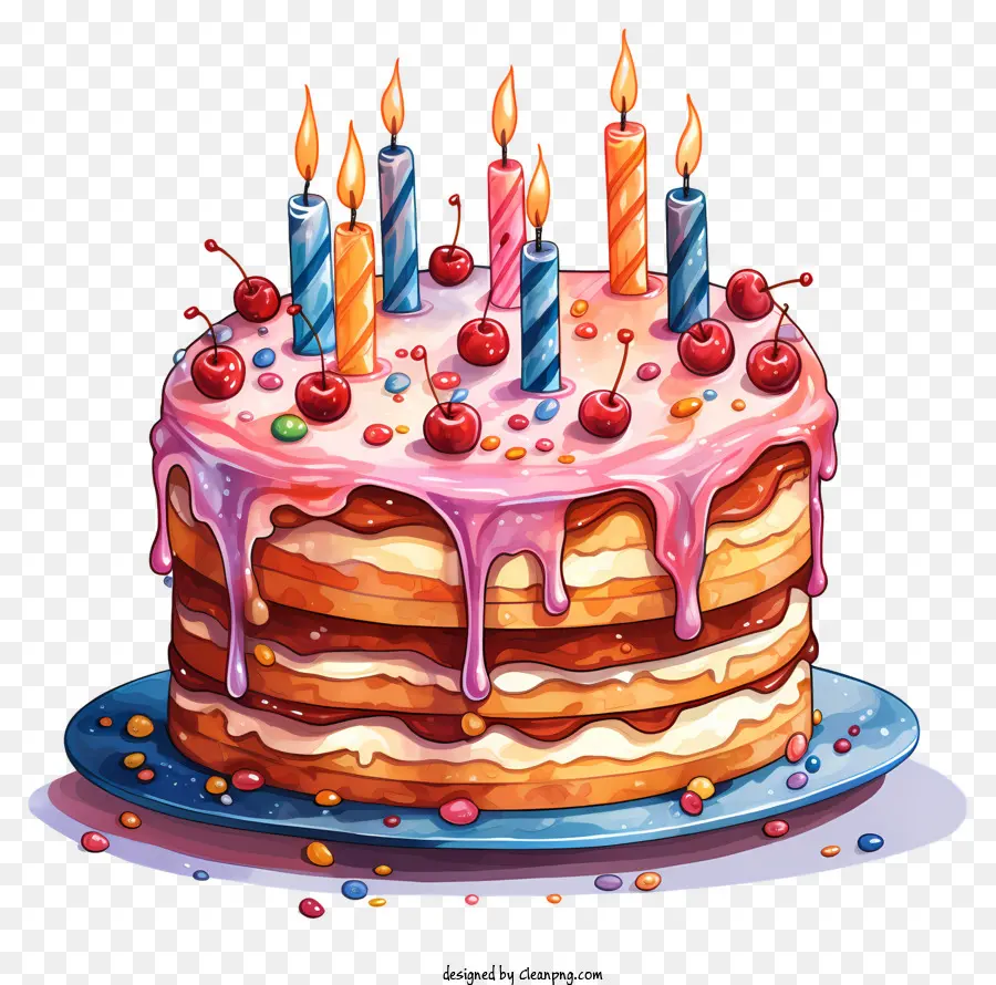 Geburtstagskuchen - Bild: Geburtstagstorte mit brennenden Kerzen auf blauer Teller